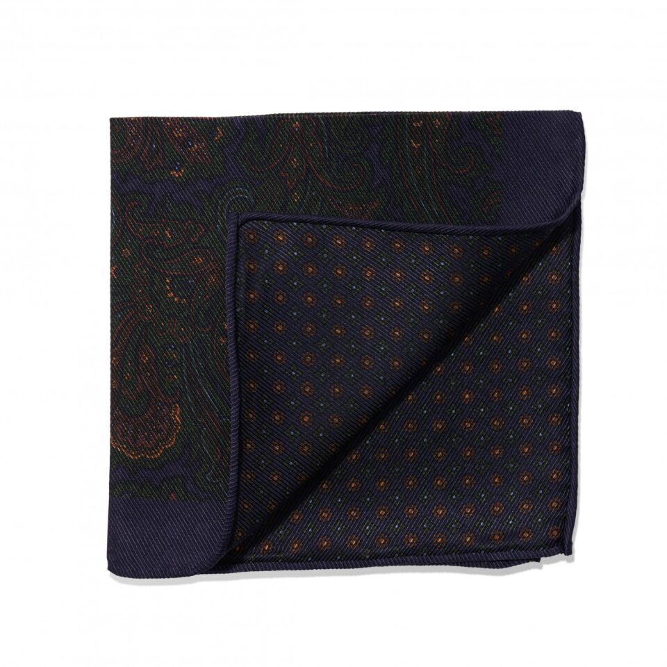 (product) Blue, Green & Gold Large Paisley & Small Medallion Double Sided Pocket Square, folded