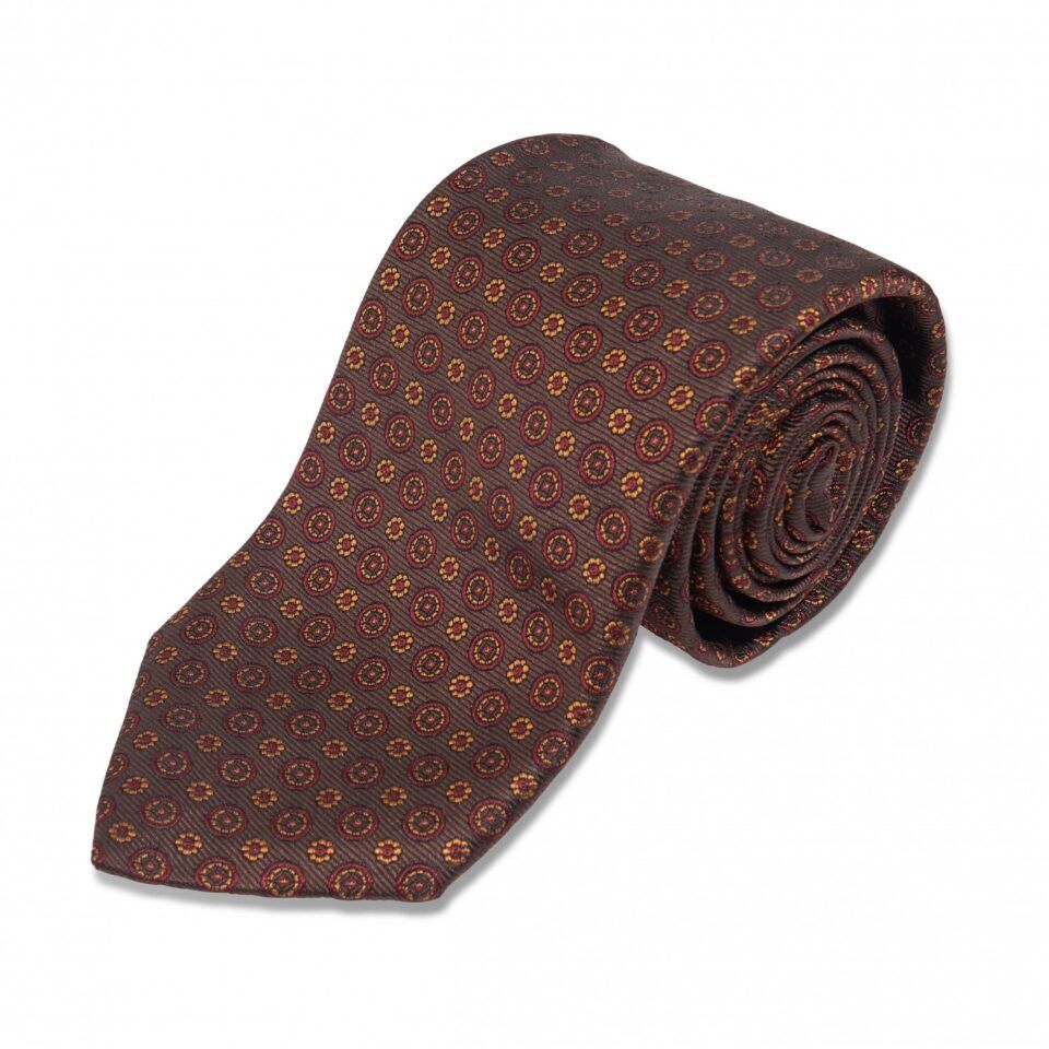 (product) Brown with Maroon & Gold Medallion Silk Necktie, rolled