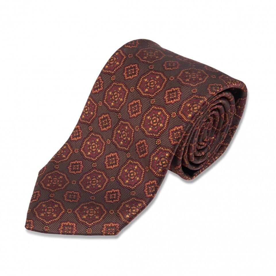 (product) Brown with Maroon & Gold Medallion Silk Necktie, rolled