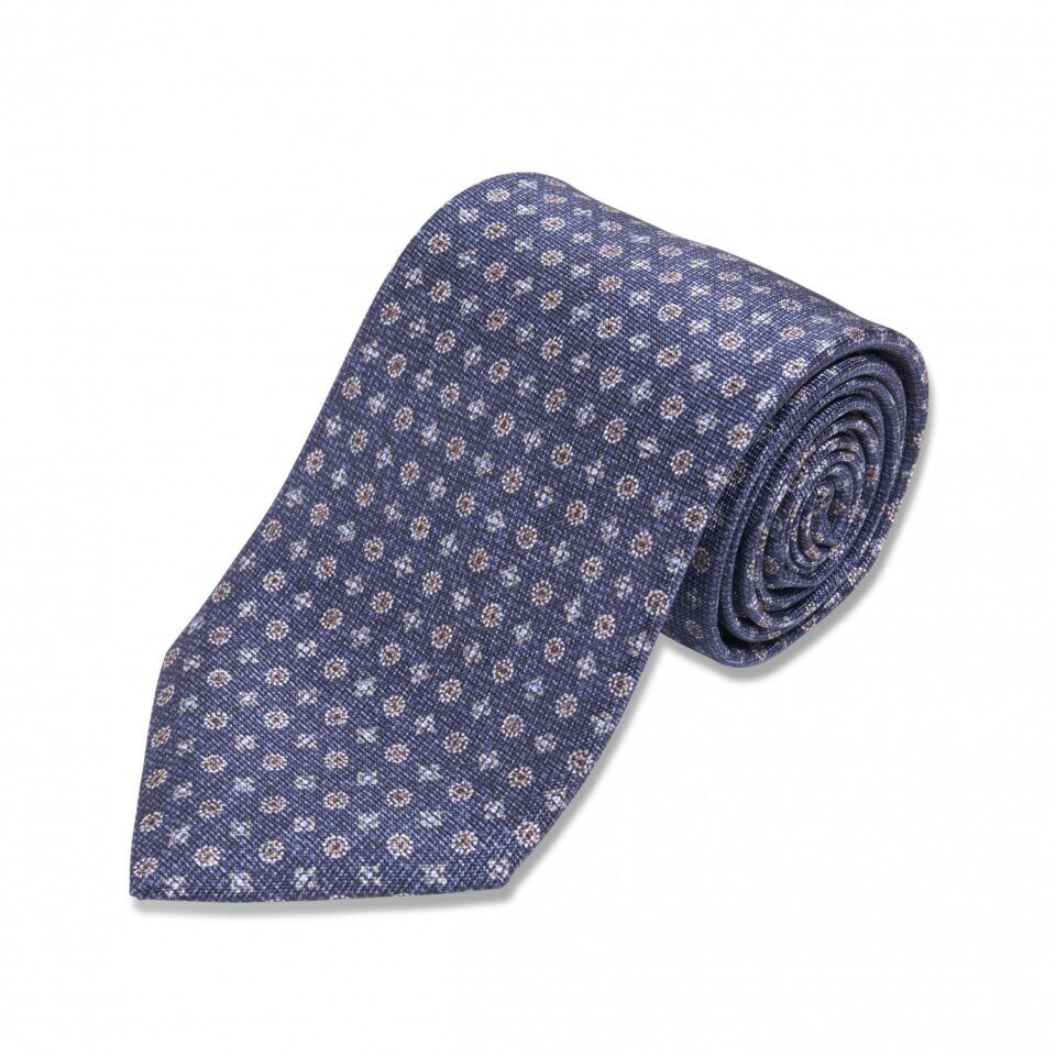 Blue with Tan Small Medallions Silk Necktie