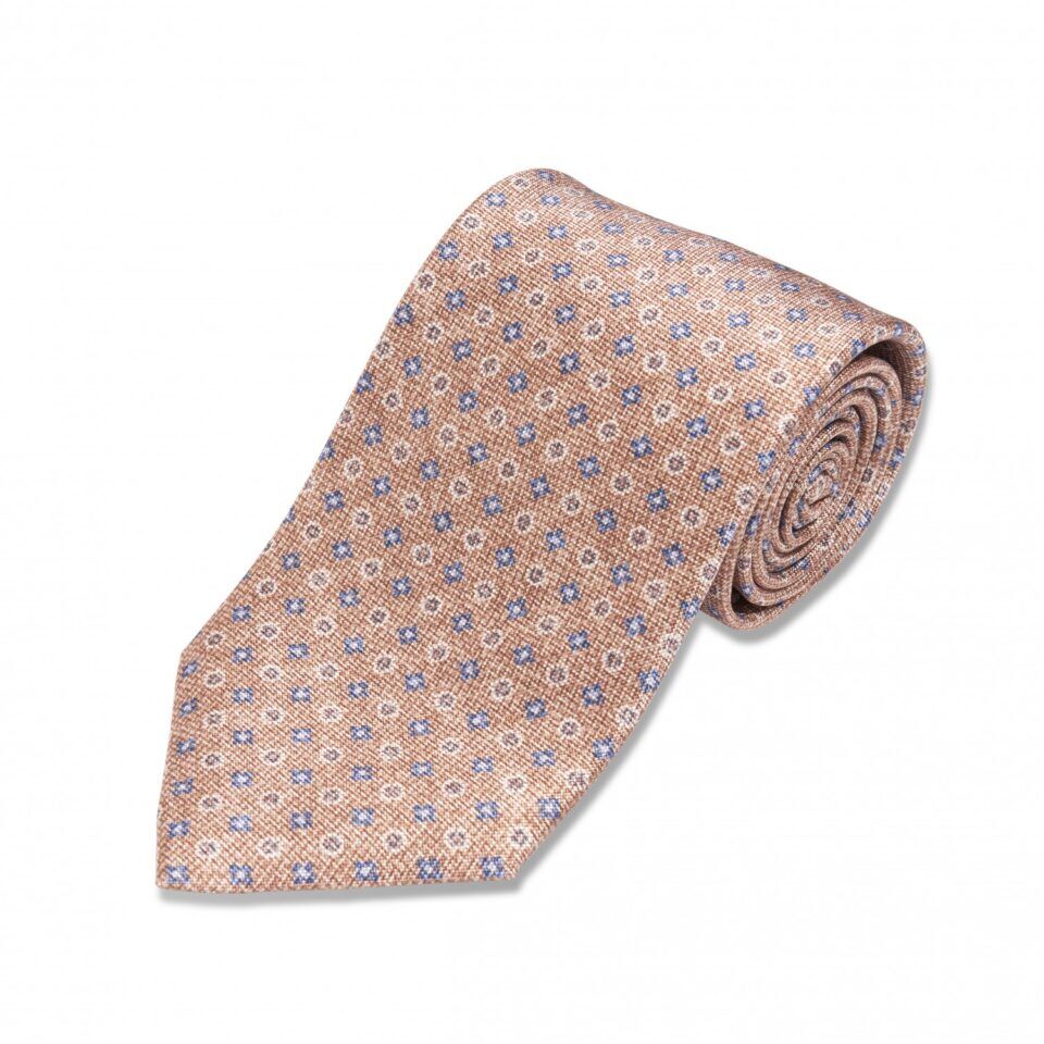 Orange Tan with Blue Medallions Silk Necktie