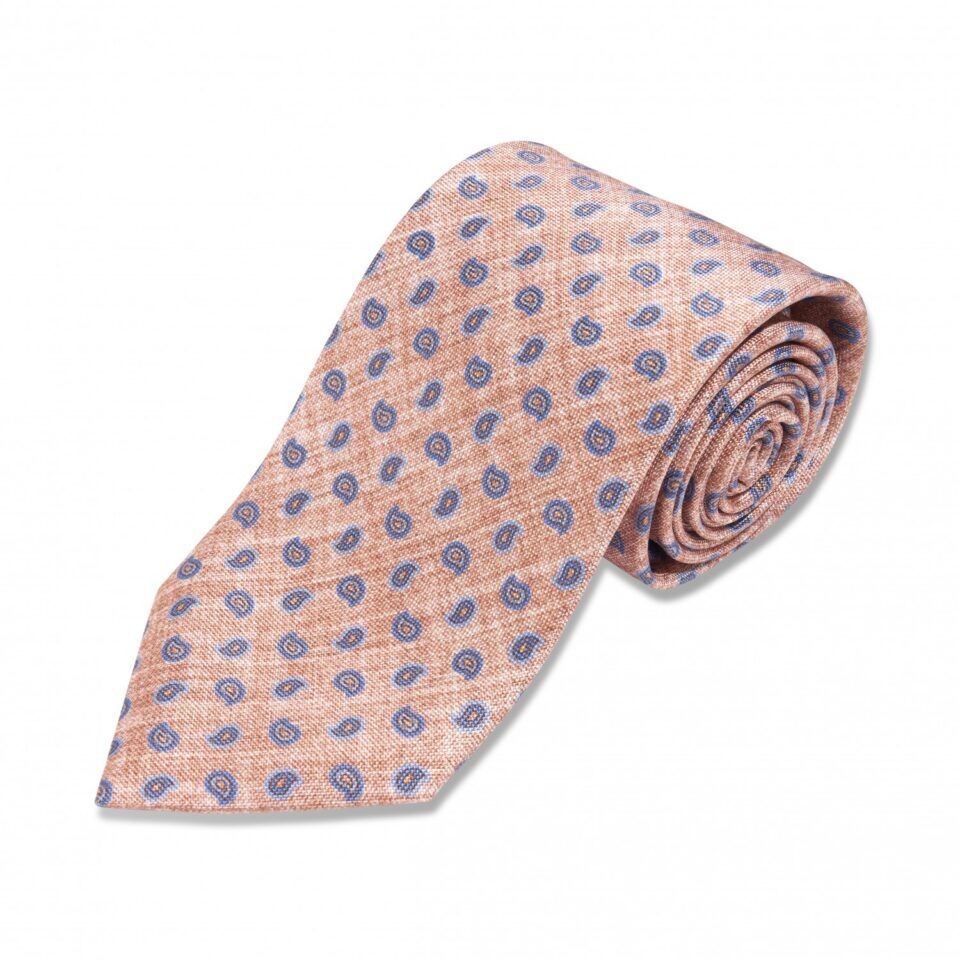 Tan with Small Blue Paisley Silk Necktie