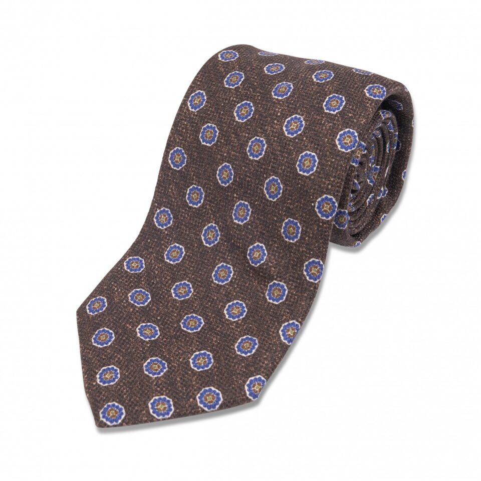 Brown with Blue and Green Medallion Silk Necktie