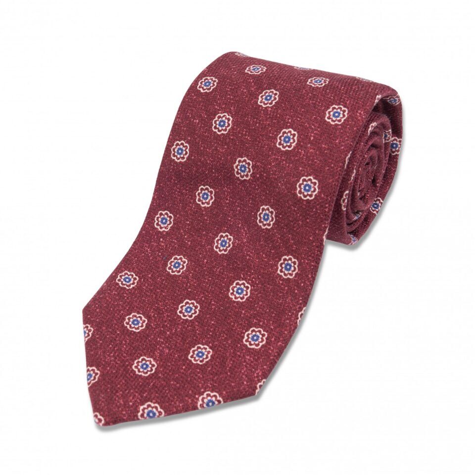 Red with Blue Flowers Medallion Silk Necktie