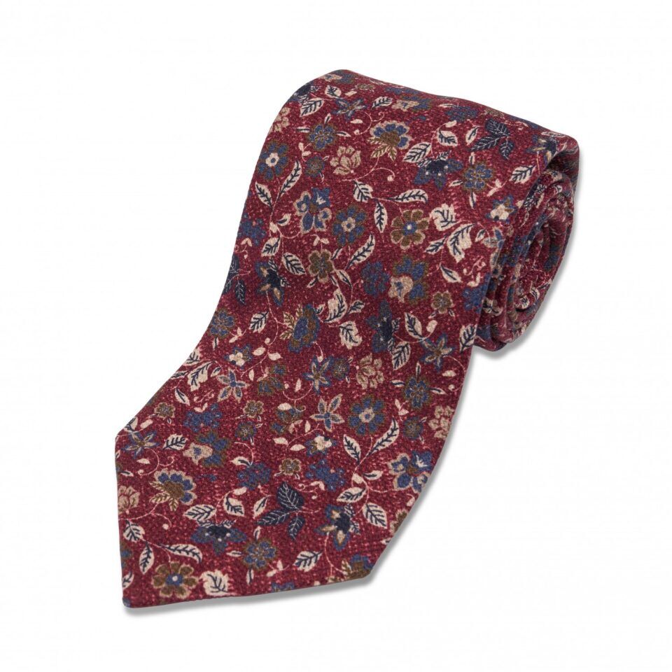Red with Blue and Green Floral Silk Necktie