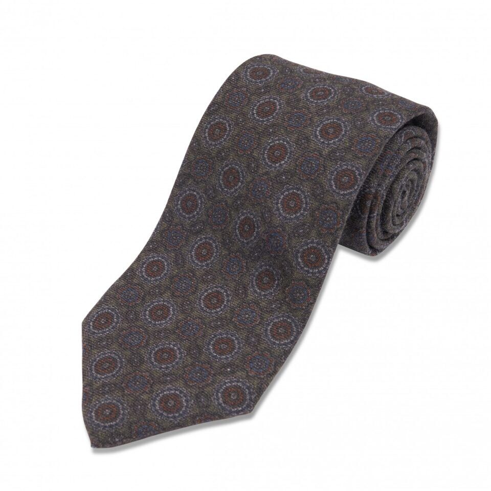 Olive Green with Orange And Blue Large Medallion Wool Necktie