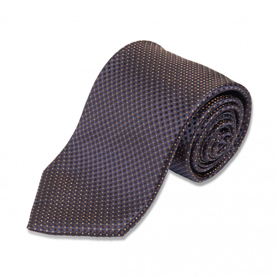 Navy With Brown and Yellow Dots Silk Necktie