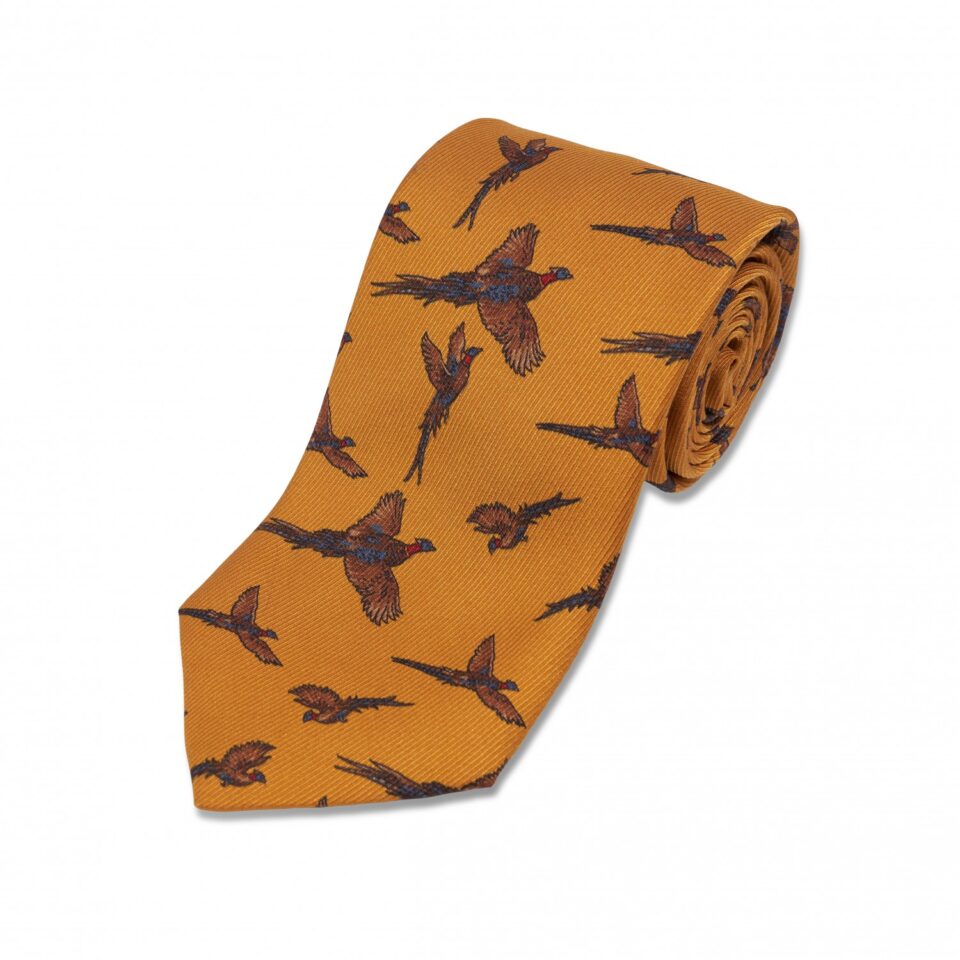 Yellow with Tan, Blue and Red Birds Silk Necktie