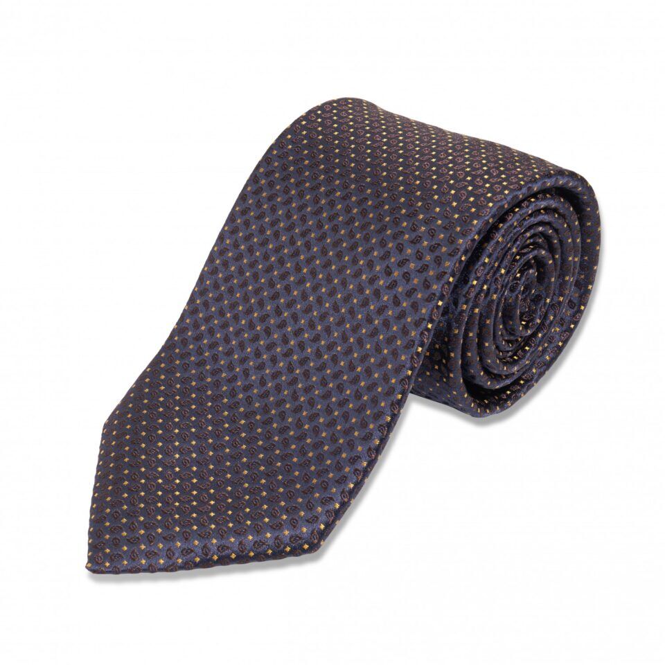 Navy with Brown and Yellow Dots Silk Necktie