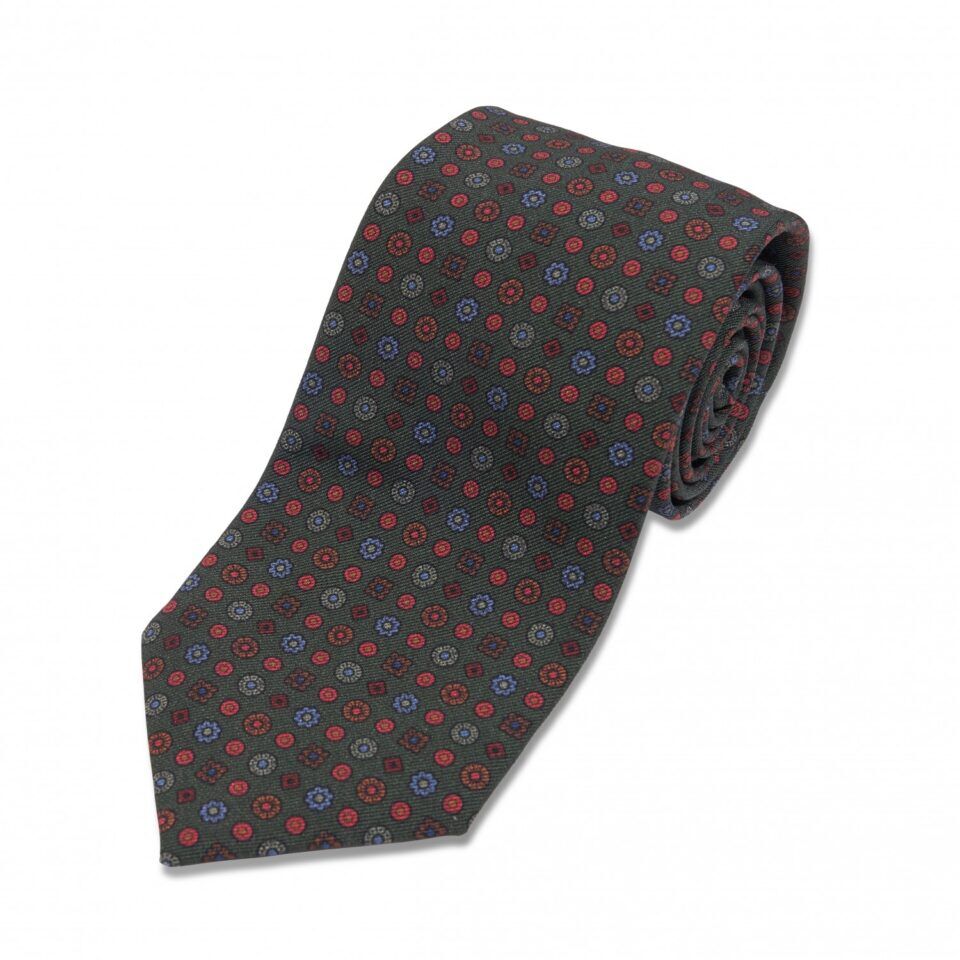 Green with Blue and Red Small Medallion Wool/Silk Necktie