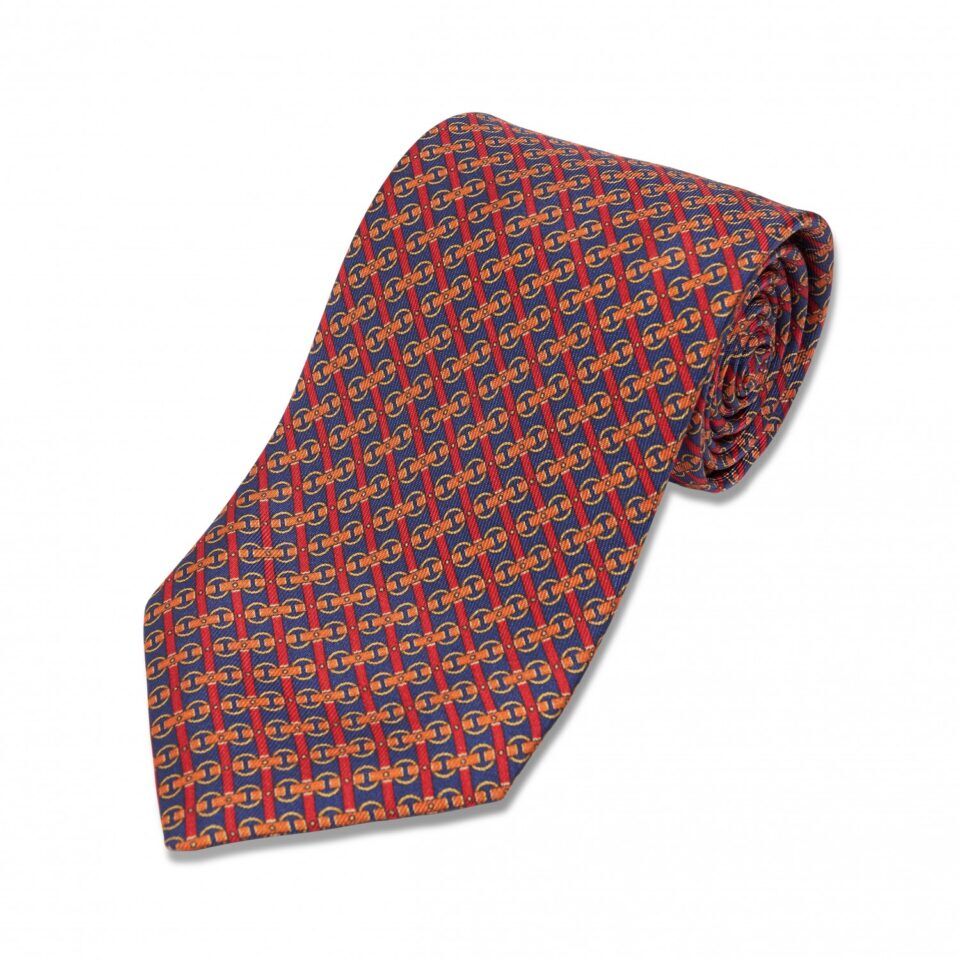 Navy, Red, Orange and Yellow Horse Bit Silk Necktie