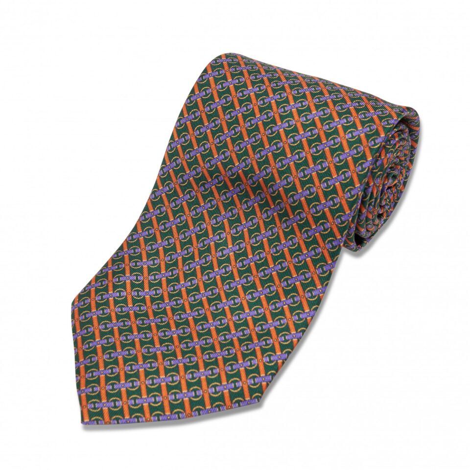 Green, Orange, Purple and Yellow Horse Bit Silk Necktie