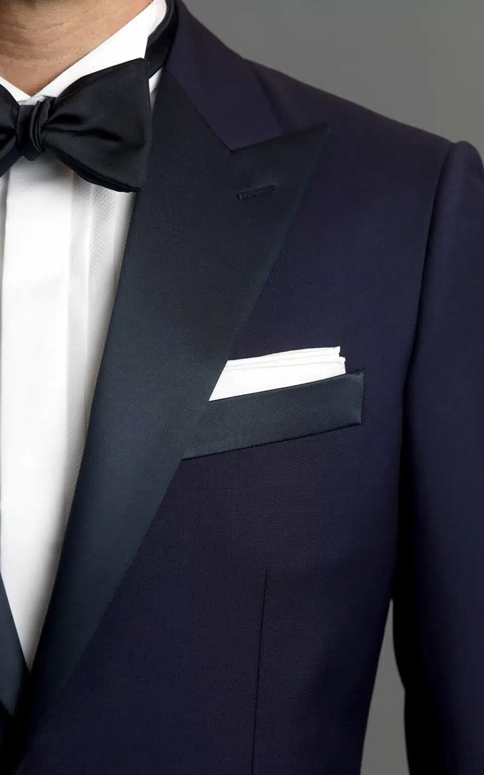 (product) Royal Blue One-Button MTM Tuxedo with Navy Satin Trim, lapel detail