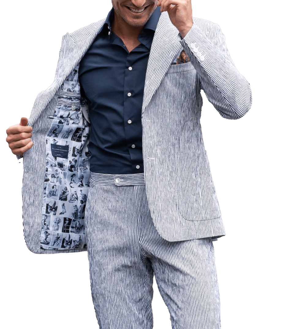 (product) Navy White Irregular Stripe Seersucker Suit