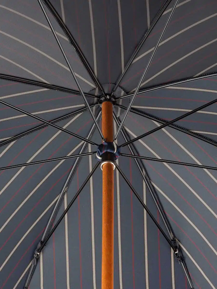 (product) Navy Striped Umbrella with Leather Handle, Inside view