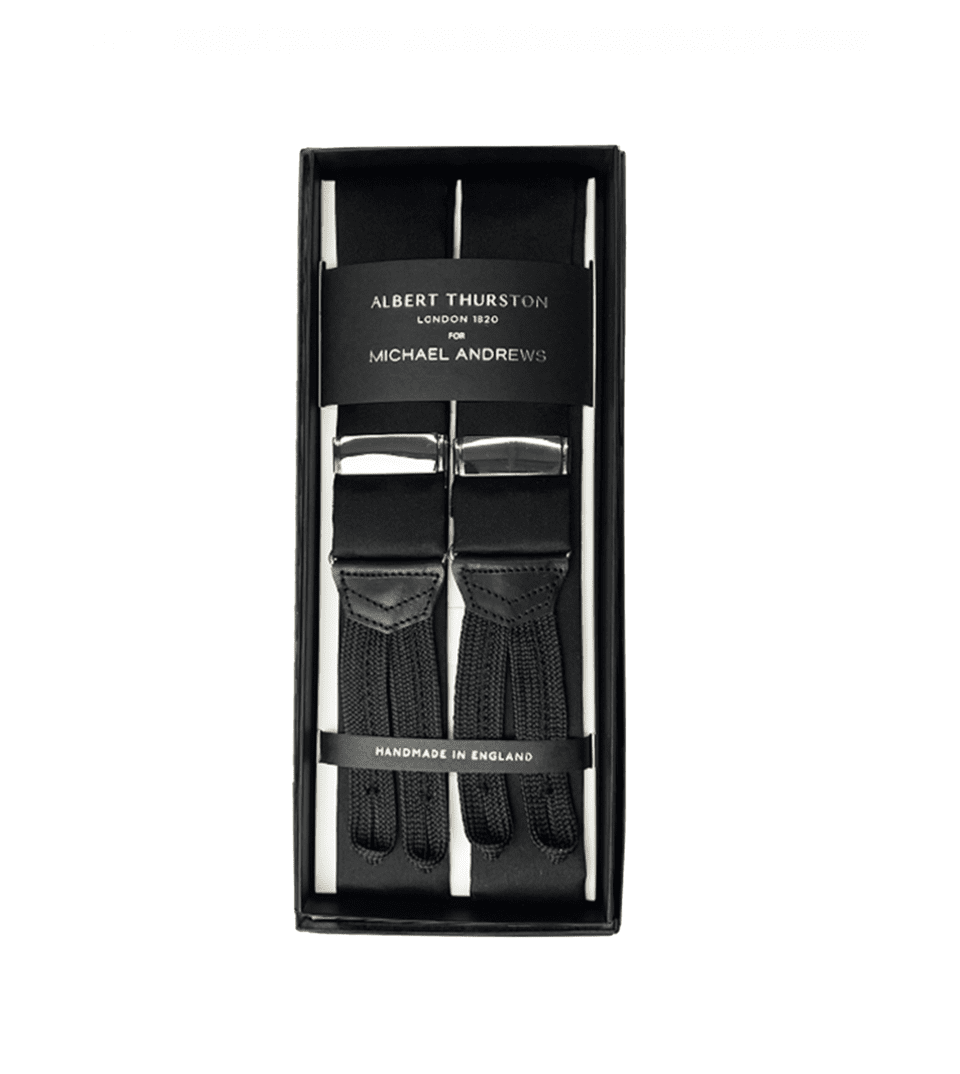 (product) Black Silk Suspenders w Silver Hardware