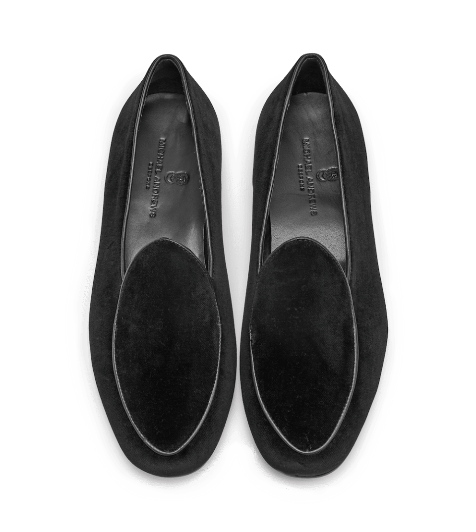 (product) Black Velvet Belgian Slipper, Top view of the pair