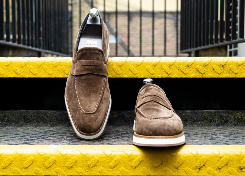 (product) Brera Classic Suede Tundra Loafer, Front view of the pair