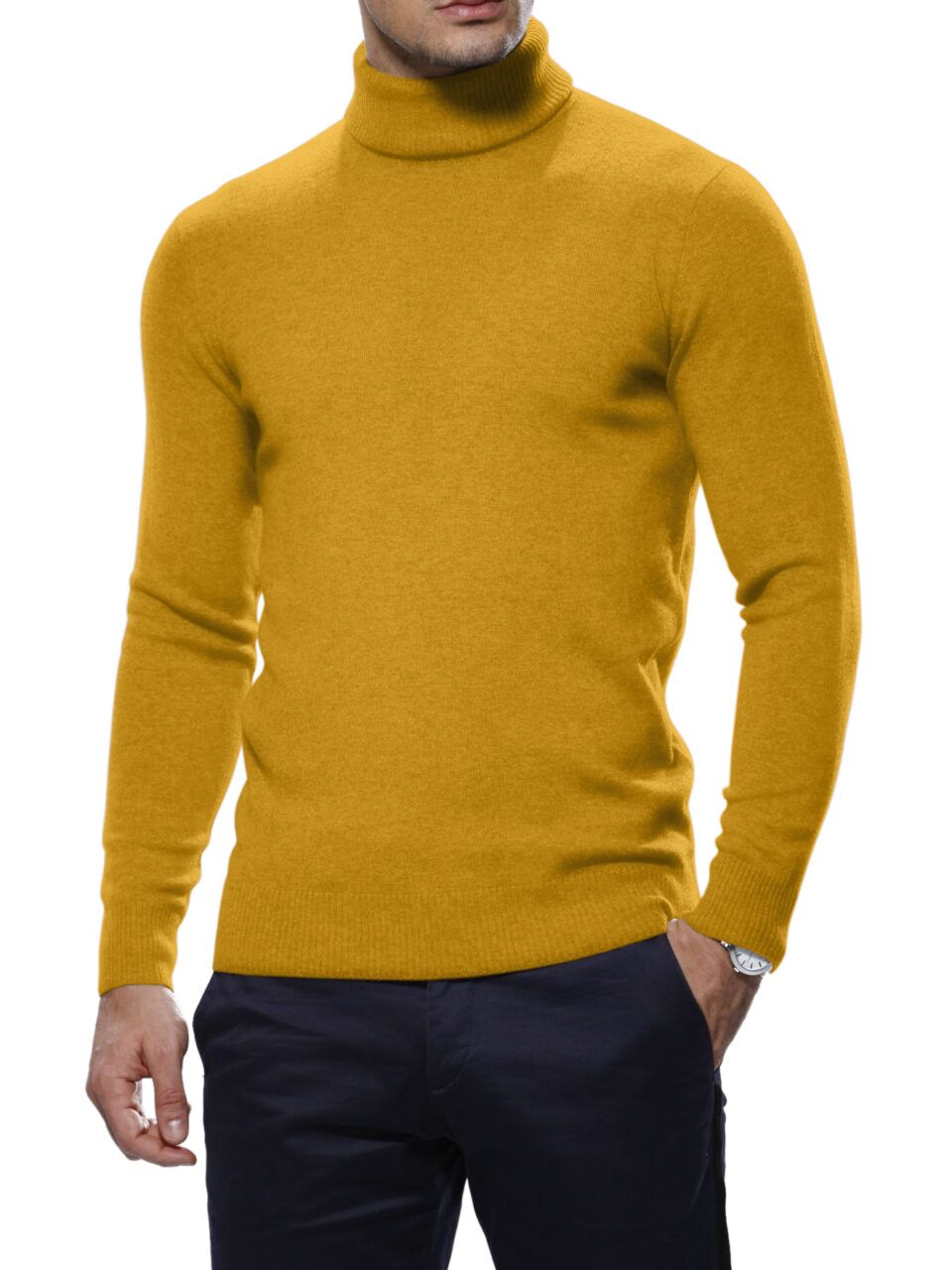 (product) Gold Merino Wool Turtle Neck Sweater