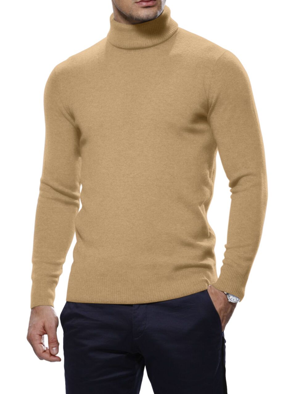 (product) Light Camel Merino Wool Turtle Neck Sweater