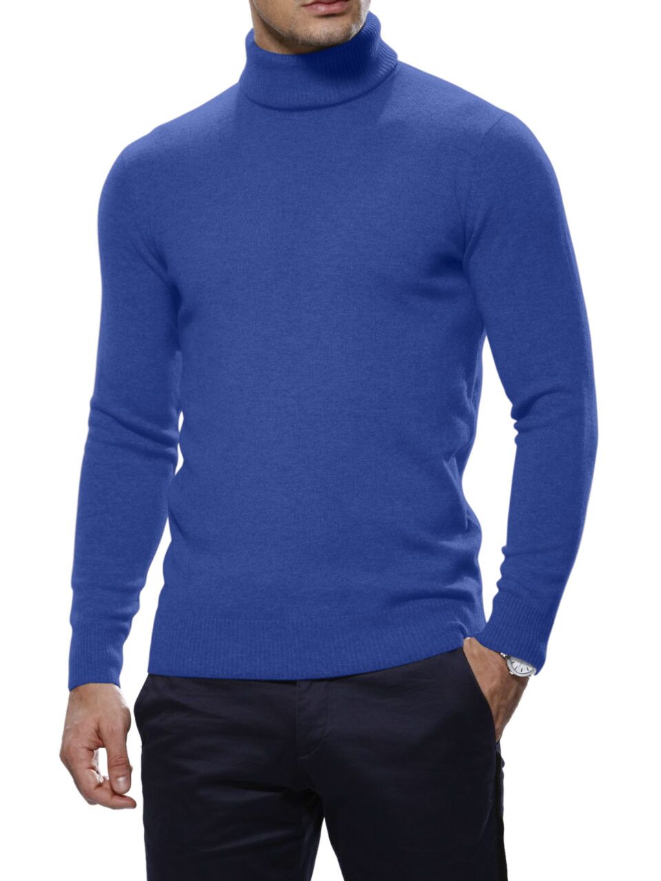 (product) Prussian Blue Merino Wool Turtle Neck Sweater