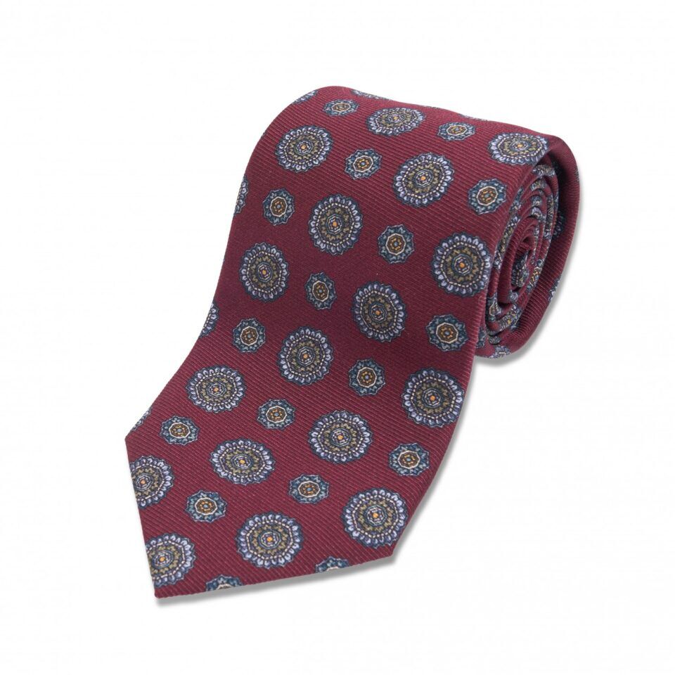 (product) Blue Green, Yellow Medallion Silk Necktie, Rolled