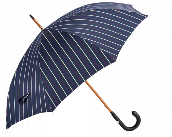 (product) Navy Striped Umbrella with Leather Handle, Open view