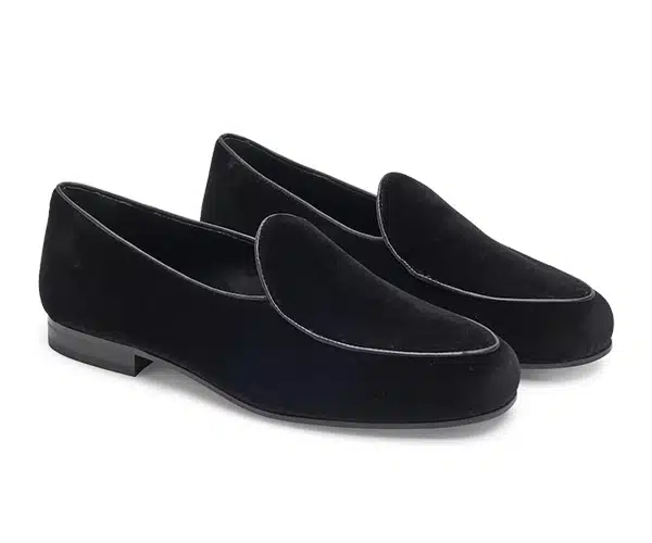 (product) Black Velvet Belgian Slipper, Side view of the pair