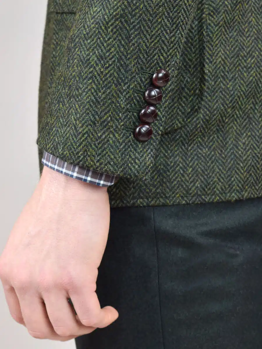 (product) Dark Olive Herringbone Bespoke Hunting Jacket, cuff detail