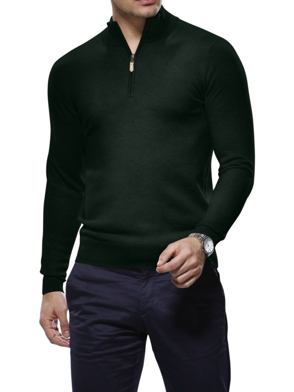 (product) Bottle Green Cashmere 1/4 Zip Mock Sweater