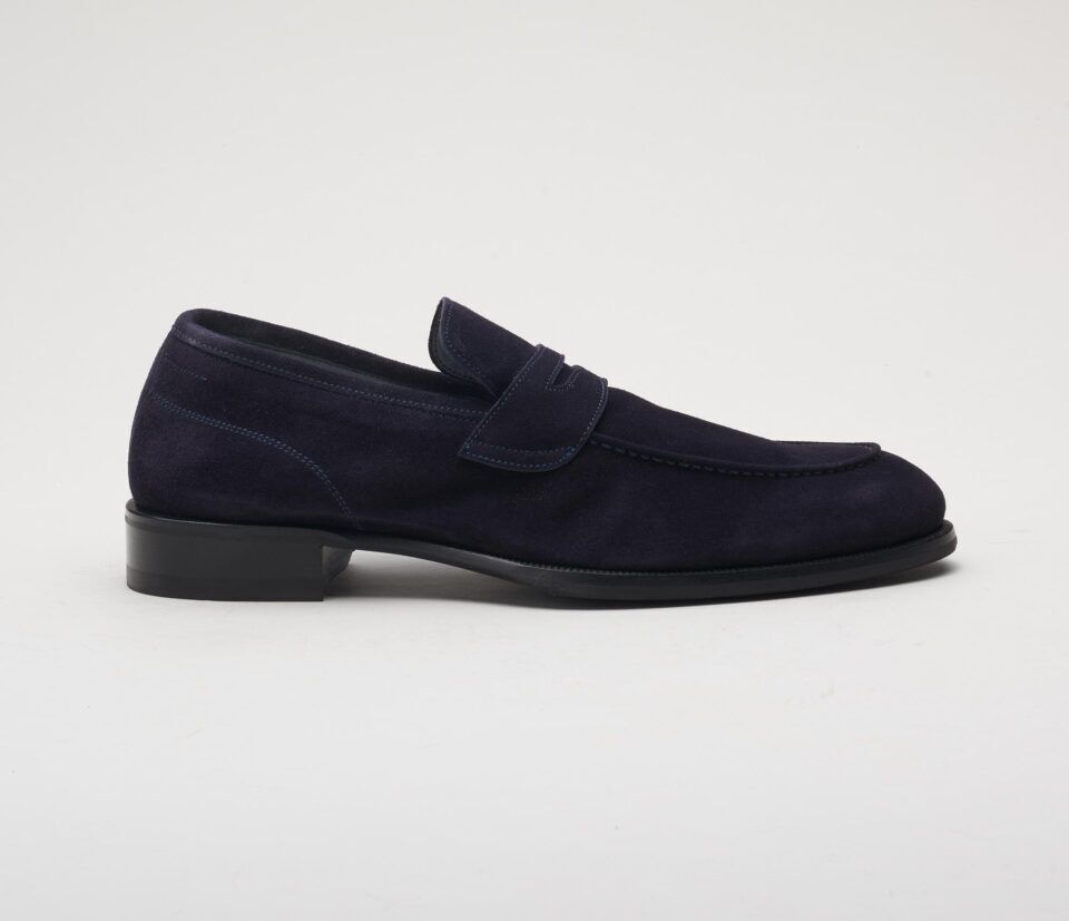 (product) Brera Navy Suede Loafer, Single shoe side view