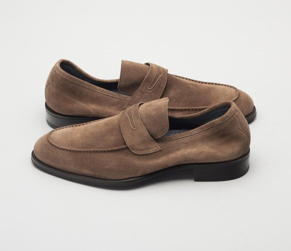 (product) Brera Farro Brown Suede Loafer, Side view of the pair
