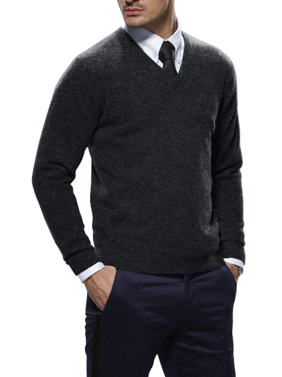 (product) Flannel Grey Cashmere V-Neck Sweater