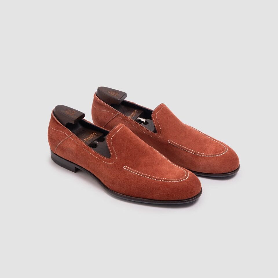 (product) Positano Suede Rust Italian Loafer, Angled pair view