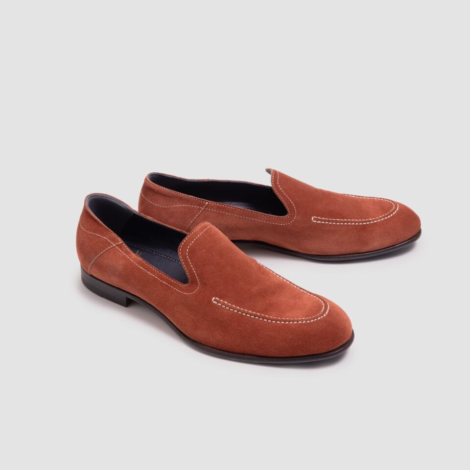 (product) Positano Suede Rust Italian Loafer, Angled pair view