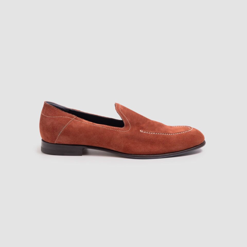 (product) Positano Suede Rust Italian Loafer, Single shoe side view
