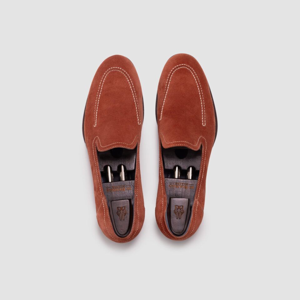 (product) Positano Suede Rust Italian Loafer, Top view of the pair