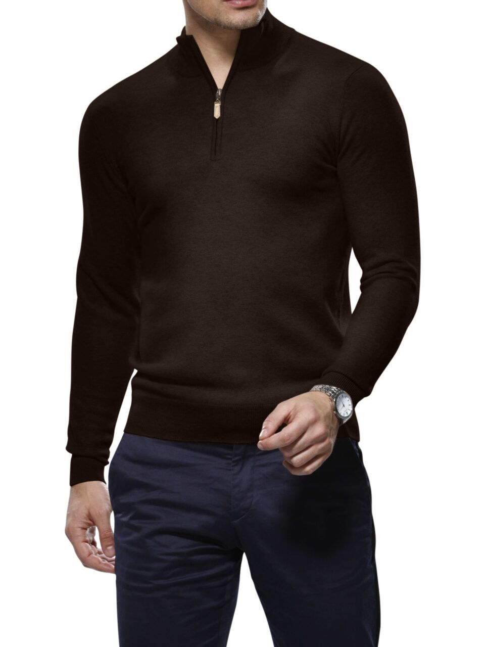 (product) Dark Brown Merino Wool 1/4 Zip Mock Sweater
