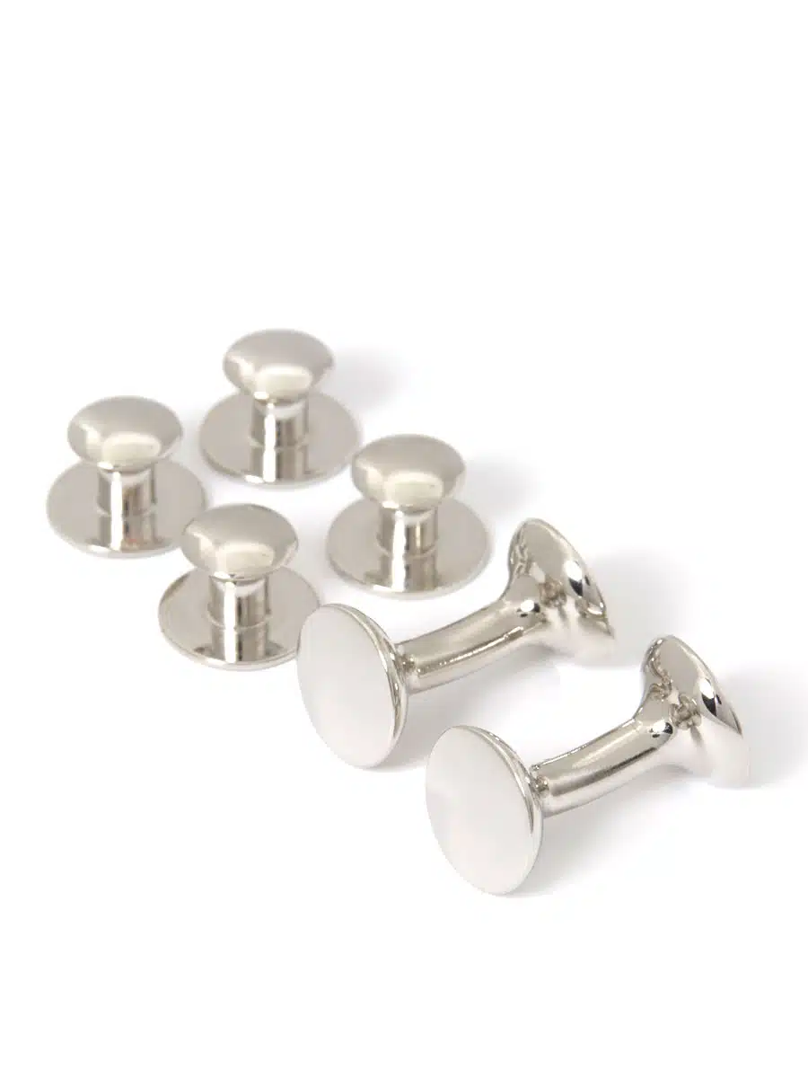 (product) Round White Rhodium Dress Stud and Cufflink Set