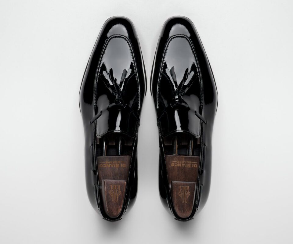 (product) Ducale Patent Nero Formal Loafer, top view of the pair