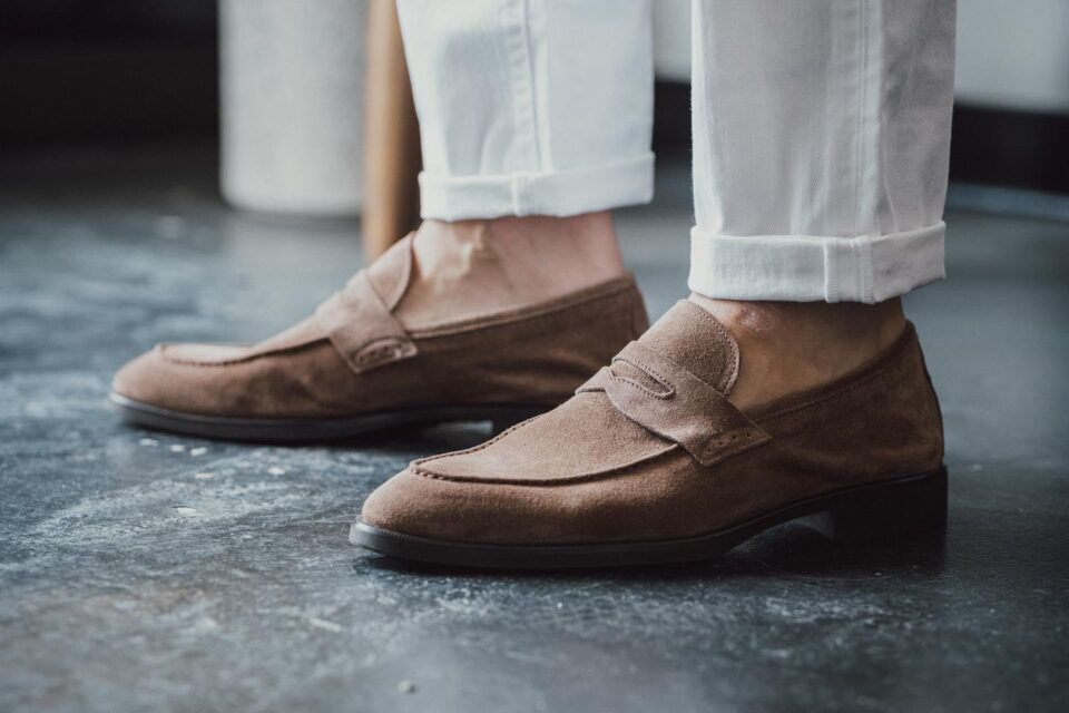(product) Brera Farro Brown Suede Loafer worn by a model