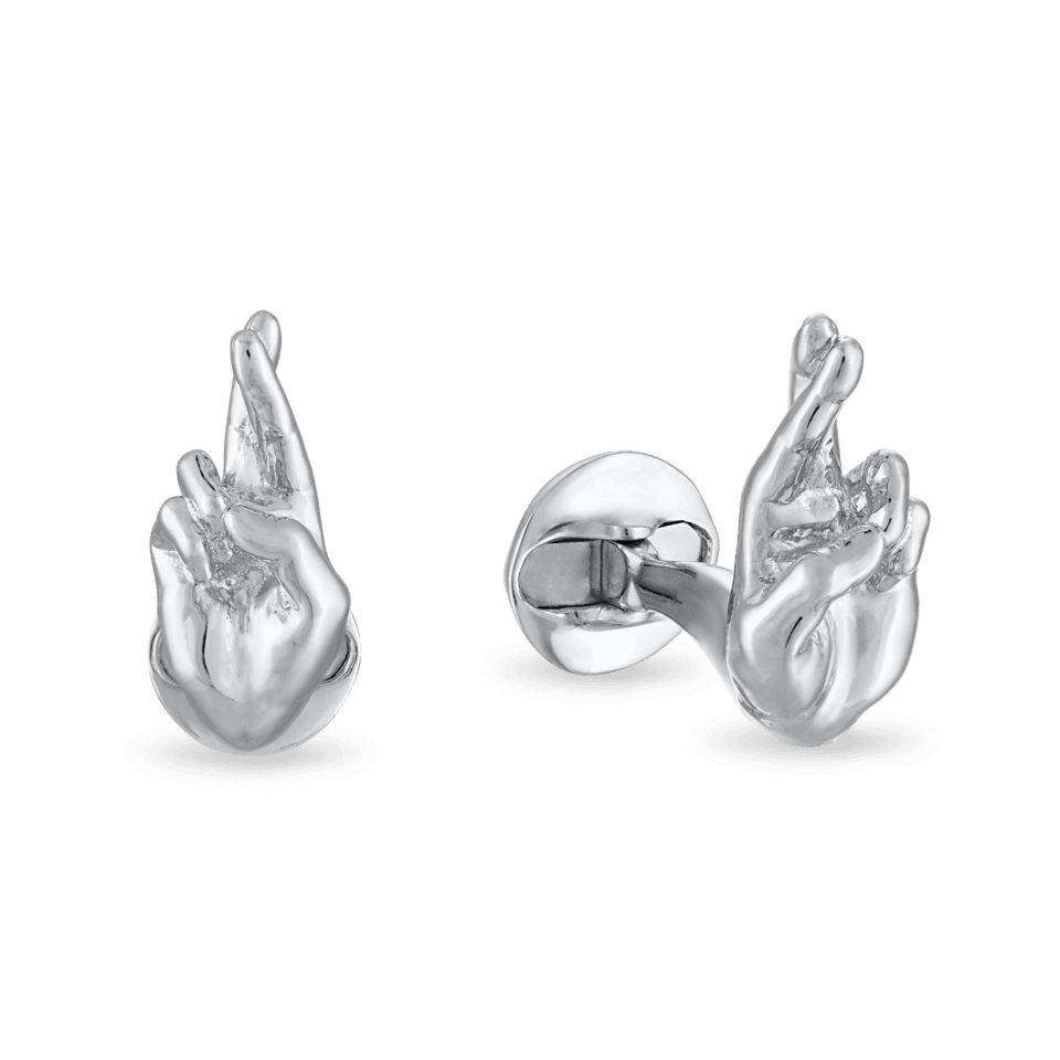 (product) Lucky You Silver Cufflinks, silver-tone cufflinks styled as hand gestures with a sleek polished finish