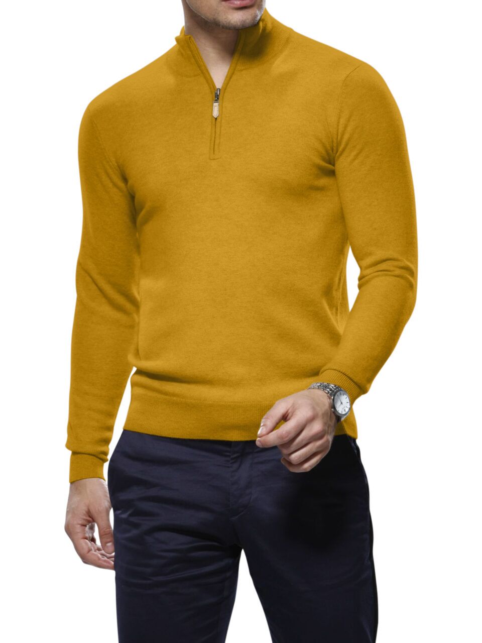 (product) Gold Merino Wool 1/4 Zip Mock Sweater
