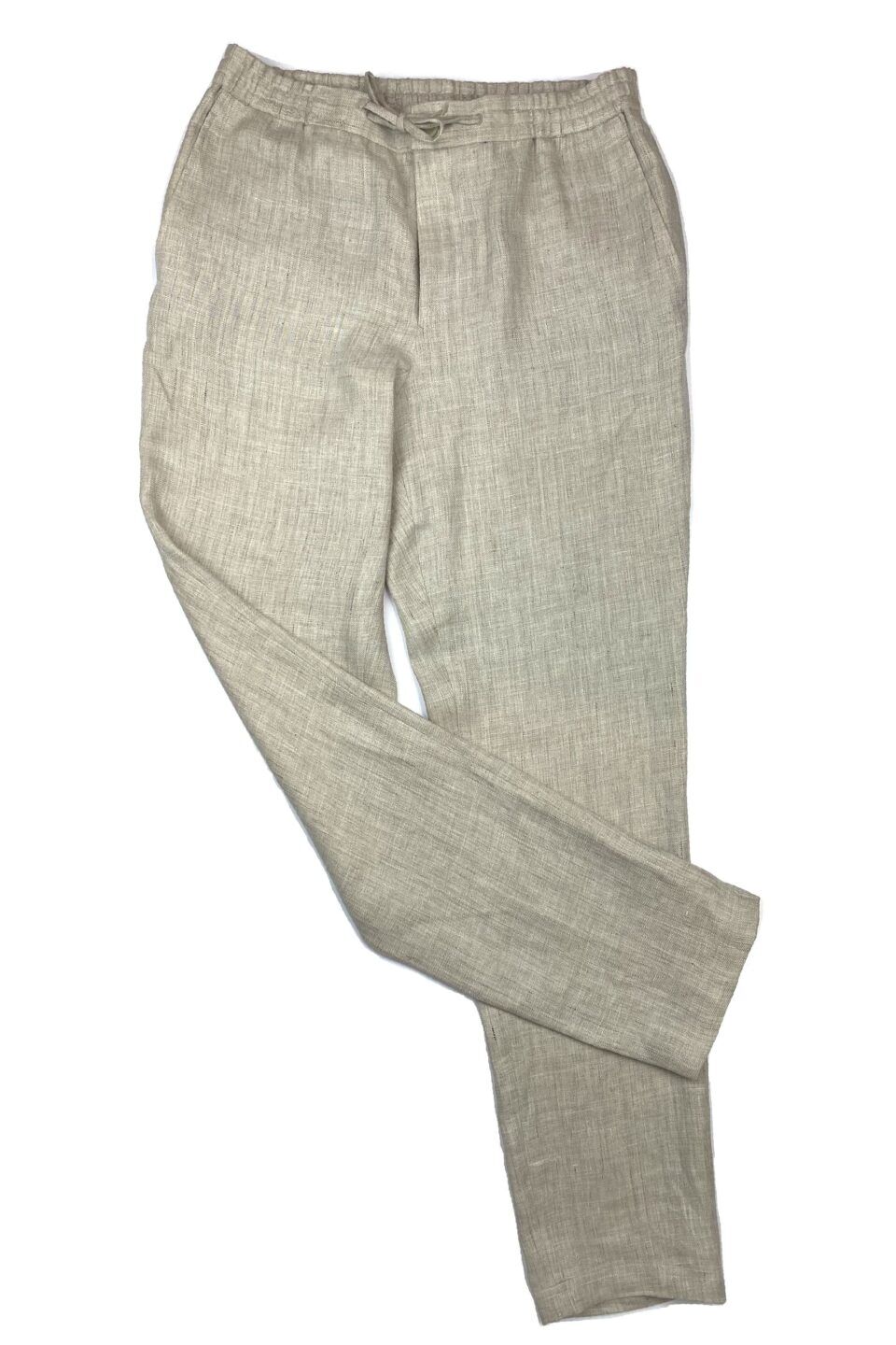 (product) Tan Linen Elastic Waist Pants, displayed flat for detail