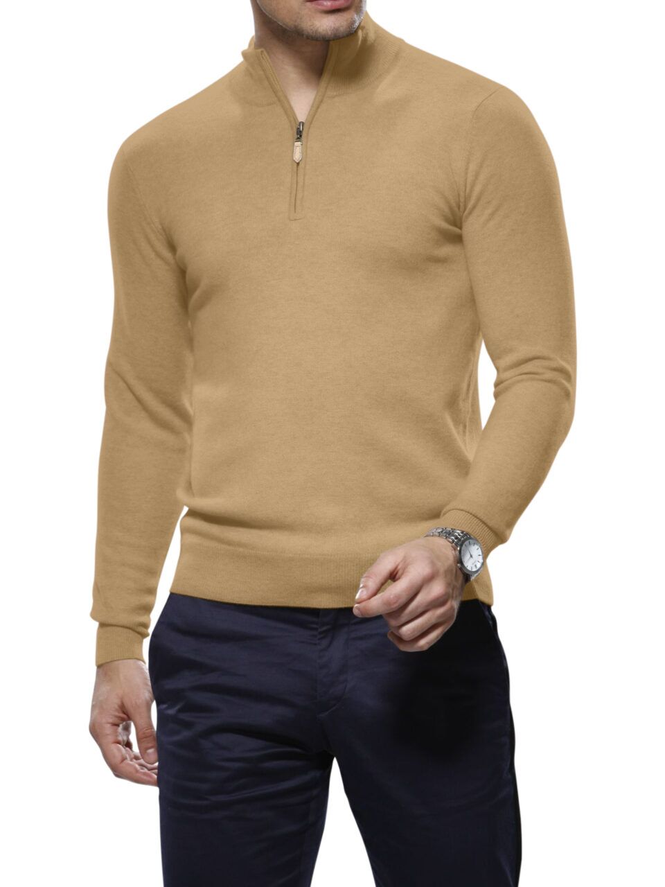 (product) Light Camel Merino Wool 1/4 Zip Mock Sweater