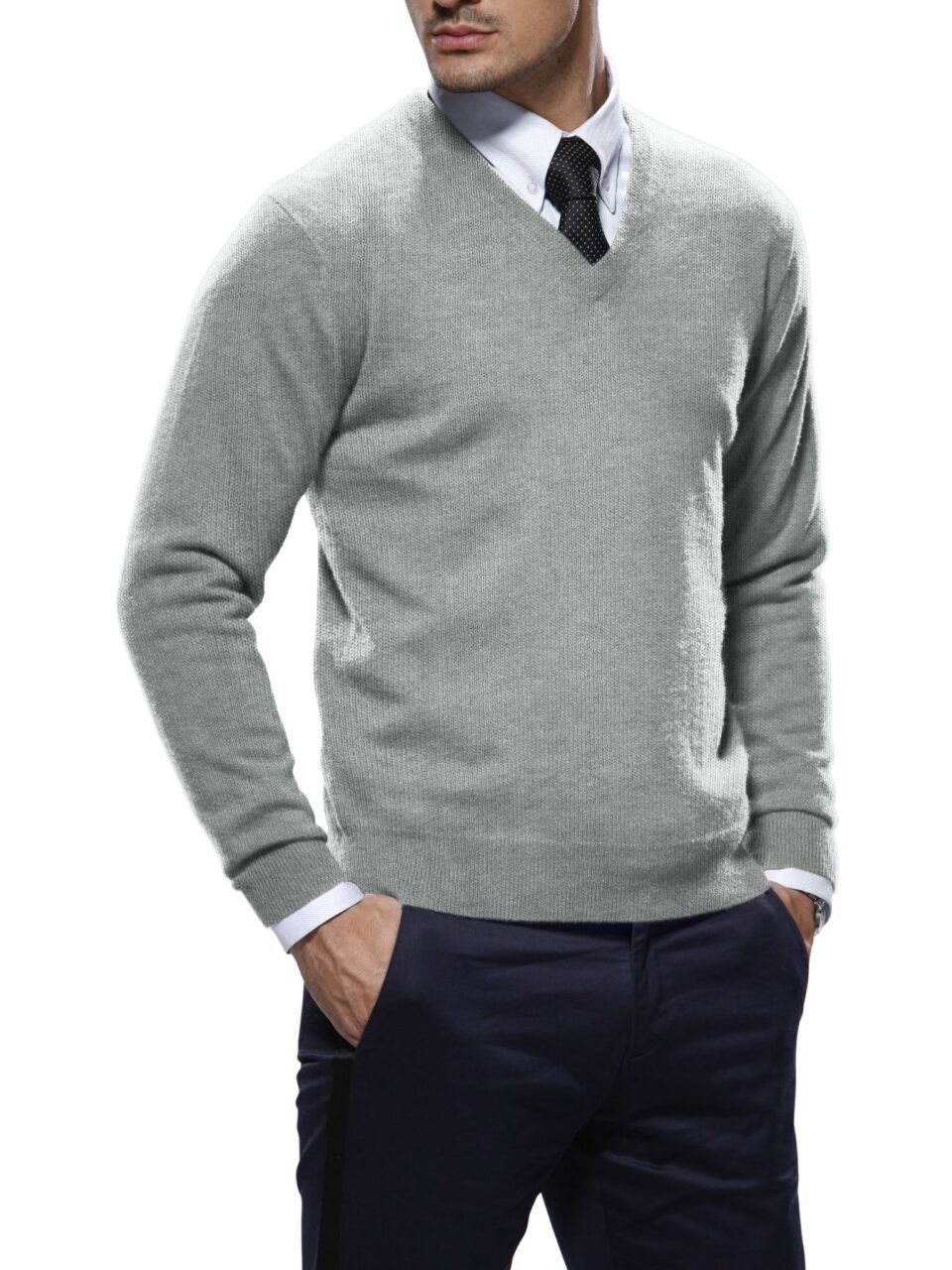 (product) Light Grey Merino V-Neck Sweater
