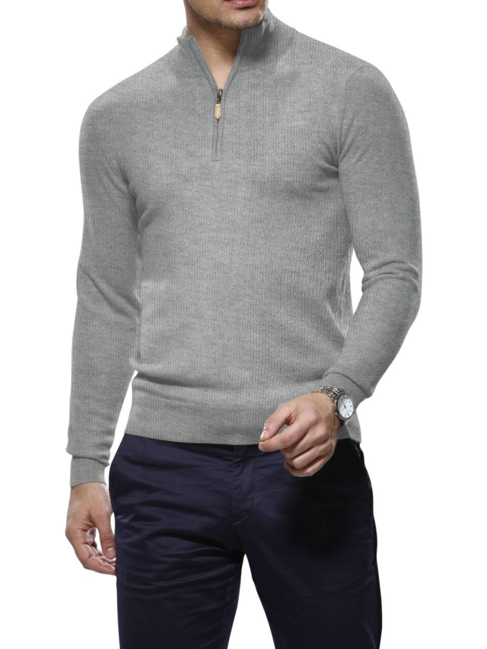 (product) Light Grey Cashmere 1/4 Zip Mock Sweater