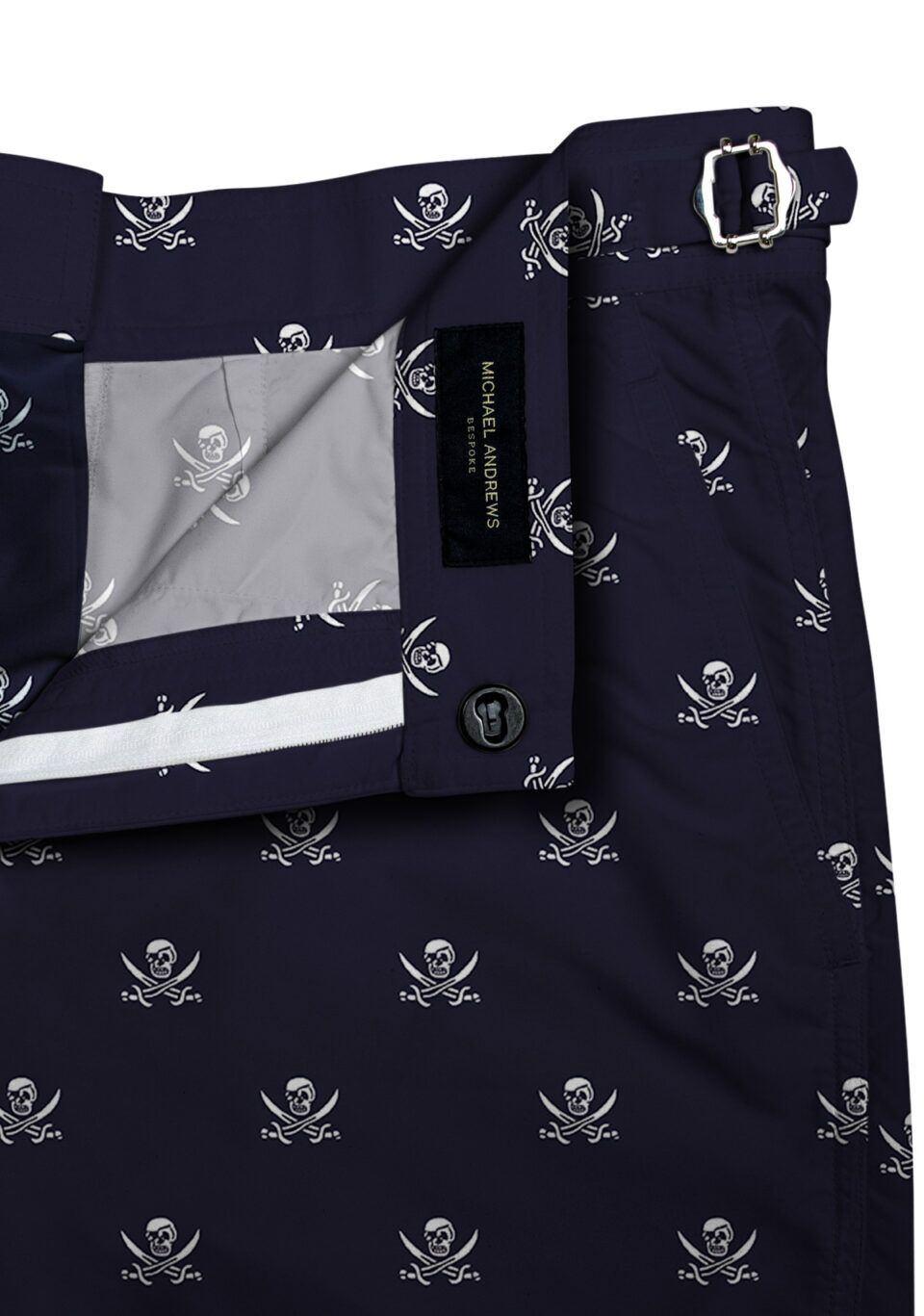 (product) Navy Jolly Roger Swim Swim Shorts, close-up view