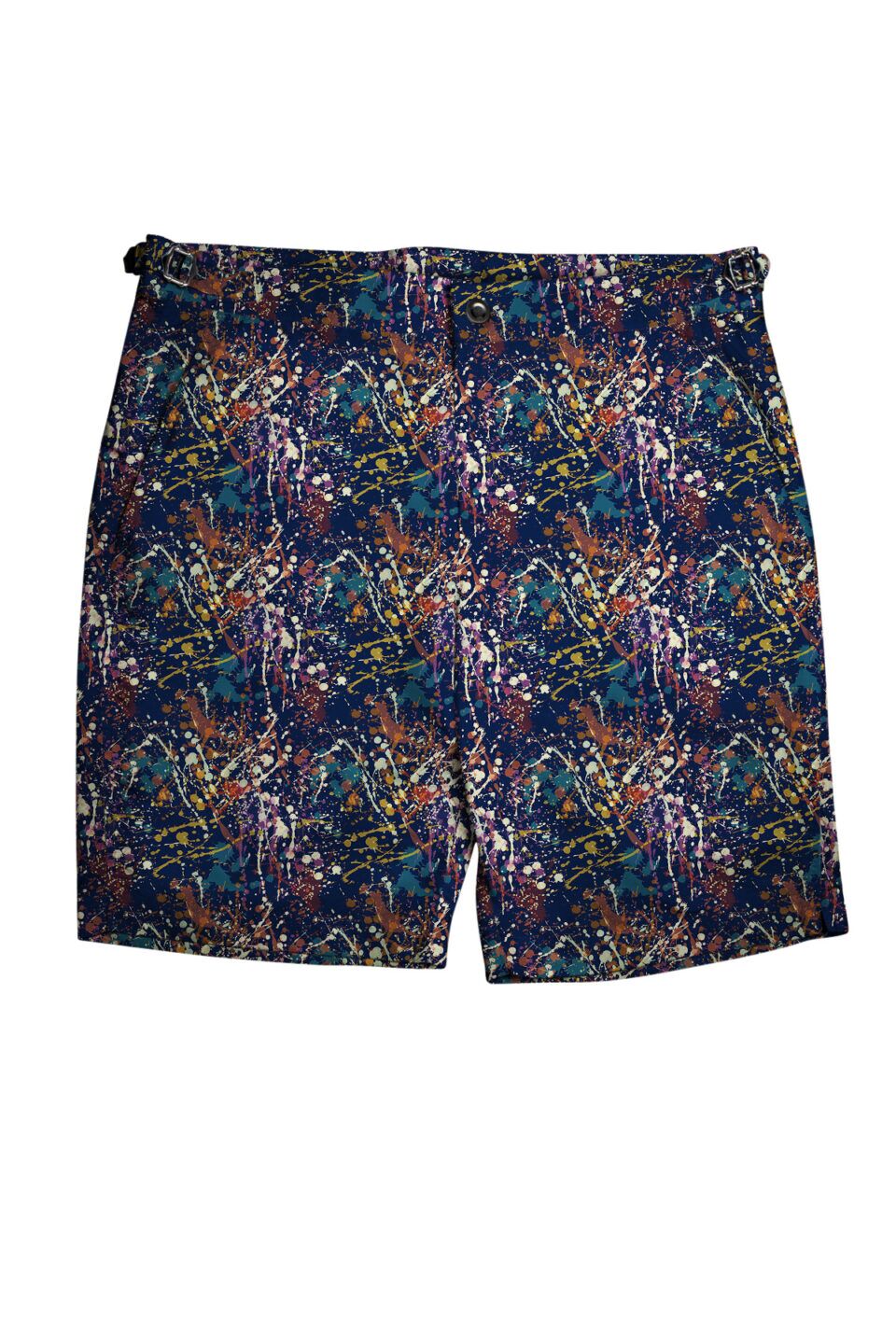 (product) Navy Paint Splatters Swim Shorts, full view
