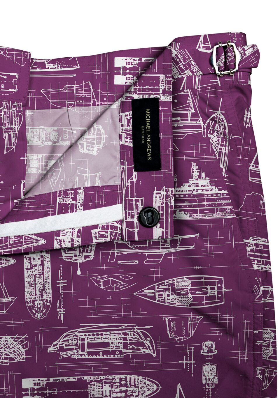 (product) Purple Swim Shorts with White Boats, close-up view highlighting lining and side-tab detail